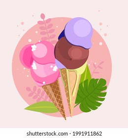 Cute ice cream cone illustraion with leaves an plants for banner, flyer, social media post