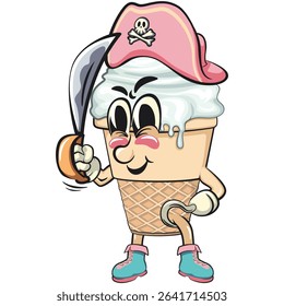 cute ice cream cone mascot cartoon vector character with waffle cone and vanilla topping wearing a pirate hat while holding a machete and using hooks, work of hand drawn