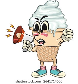 cute ice cream cone mascot cartoon vector character with waffle cone and vanilla topping out loud with loudspeaker, work of hand drawn
