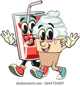 cute ice cream cone mascot cartoon vector character with waffle cone and vanilla topping walking with a glass of refreshing iced juice,, work of hand drawn