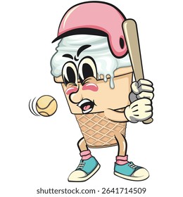cute ice cream cone mascot cartoon vector character with waffle cone and vanilla topping with helmet playing baseball ready to hit the ball with the bat, work of hand drawn