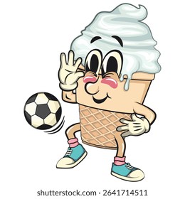 cute ice cream cone mascot cartoon vector character with waffle cone and vanilla topping play football or soccer, work of hand drawn