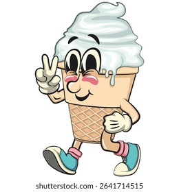 cute ice cream cone mascot cartoon vector character with waffle cone and vanilla topping walking with peace sign, work of hand drawn