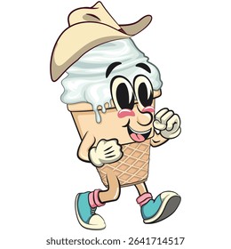 cute ice cream cone mascot cartoon vector character with waffle cone and vanilla topping walking wearing a cowboy hat, work of hand drawn
