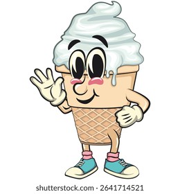 cute ice cream cone mascot cartoon vector character with waffle cone and vanilla topping wave hands, work of hand drawn