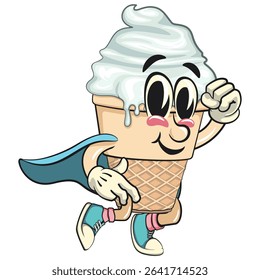cute ice cream cone mascot cartoon vector character with waffle cone and vanilla topping as flying superhero wearing a robe, work of hand drawn