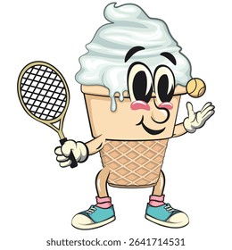 cute ice cream cone mascot cartoon vector character with waffle cone and vanilla topping playing tennis, work of hand drawn