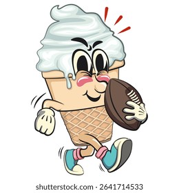 cute ice cream cone mascot cartoon vector character with waffle cone and vanilla topping playing rugby or american football, work of hand drawn