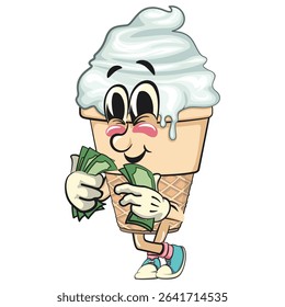 cute ice cream cone mascot cartoon vector character with waffle cone and vanilla topping carrying money, work of hand drawn