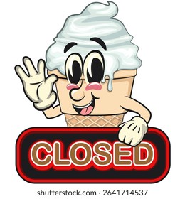 cute ice cream cone mascot cartoon vector character with waffle cone and vanilla topping showing a sign that says closed while waving his hand, work of hand drawn