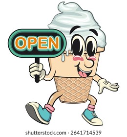cute ice cream cone mascot cartoon vector character with waffle cone and vanilla topping showing a sign that says open, work of hand drawn