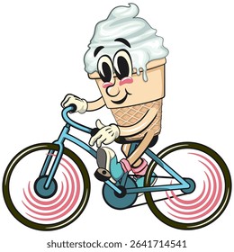 cute ice cream cone mascot cartoon vector character with waffle cone and vanilla topping enjoy riding a bike, fun citrus character vector for summe, work of hand drawn