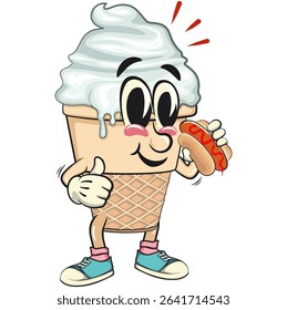 cute ice cream cone mascot cartoon vector character with waffle cone carrying a hotdog while giving a thumbs up, work of hand drawn