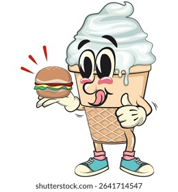 cute ice cream cone mascot cartoon vector character with waffle cone and vanilla topping carrying a burger while giving a thumbs up, work of hand drawn