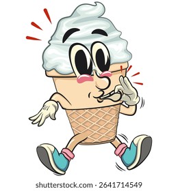 cute ice cream cone mascot cartoon vector character with waffle cone and vanilla topping blowing the whistle, work of hand drawn