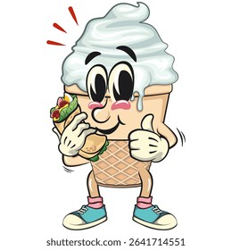 cute ice cream cone mascot cartoon vector character with waffle cone and vanilla topping with burritos while giving thumbs up, work of hand drawn