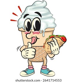 cute ice cream cone mascot cartoon vector character with waffle cone and vanilla topping carrying a taco while giving a thumbs up, work of hand drawn