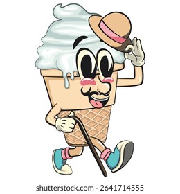 cute ice cream cone mascot cartoon vector character with waffle cone and vanilla topping carrying a stick and saluting with raised hat, work of hand drawn