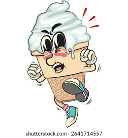 cute ice cream cone mascot cartoon vector character with waffle cone and vanilla topping jumping and kicking, work of hand drawn