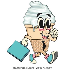 cute ice cream cone mascot cartoon vector character with waffle cone and vanilla topping in a suitcase rushing to the office, work of hand drawn