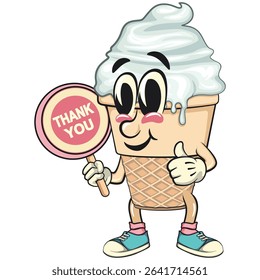 cute ice cream cone mascot cartoon vector character with waffle cone and vanilla topping say thank you, fun citrus character vector for summer, work of hand drawn