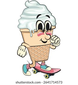 cute ice cream cone mascot cartoon vector character with waffle cone and vanilla topping playing skateboard, work of hand drawn