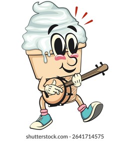 cute ice cream cone mascot cartoon vector character with waffle cone and vanilla topping playing the banjo musical instrumen, work of hand drawn