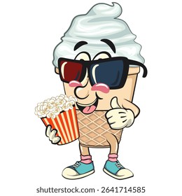 cute ice cream cone mascot cartoon vector character with waffle cone and vanilla topping with a bucket of popcorn with wearing 3d glasses, work of hand drawn