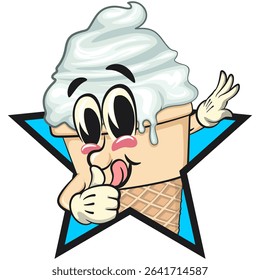 cute ice cream cone mascot cartoon vector character with waffle cone and vanilla topping out from of a star by giving a thumbs up sign, work of hand drawn