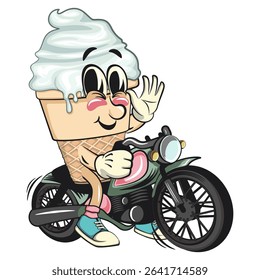 cute ice cream cone mascot cartoon vector character with waffle cone and vanilla topping riding a big motorcycle, work of hand drawn
