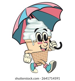cute ice cream cone mascot cartoon vector character with waffle cone and vanilla topping walking with an umbrella, work of hand drawn