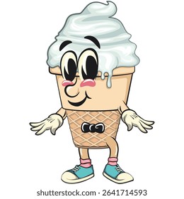 cute ice cream cone mascot cartoon vector character with waffle cone and vanilla topping with a bow tie, work of hand drawn