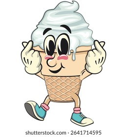 cute ice cream cone mascot cartoon vector character with waffle cone and vanilla topping giving a sign of love with two hands, work of hand drawn
