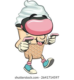 cute ice cream cone mascot cartoon vector character with waffle cone and vanilla topping entering virtual reality with technology, work of hand drawn