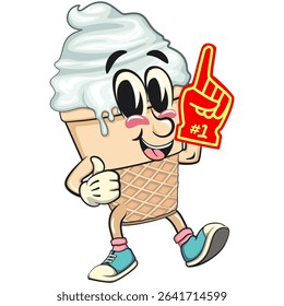 cute ice cream cone mascot cartoon vector character with waffle cone and vanilla topping raise foam finger, work of hand drawn
