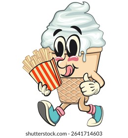 cute ice cream cone mascot cartoon vector character with waffle cone and vanilla topping brought a box of french fries, work of hand drawn