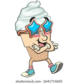 cute ice cream cone mascot cartoon vector character with waffle cone and vanilla topping wearing stars shaped beach sunglasse, work of hand drawn