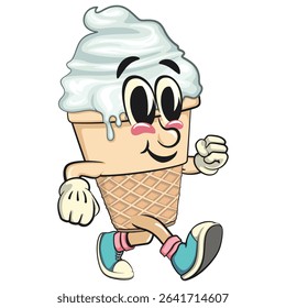 cute ice cream cone mascot cartoon vector, walking character with waffle cone and vanilla topping, work of hand drawn