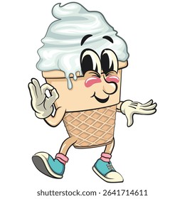 cute ice cream cone mascot cartoon vector character with waffle cone and vanilla topping dancing while giving the okay sign, work of hand drawn