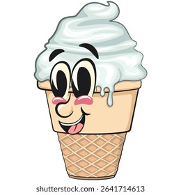 cute ice cream cone mascot cartoon vector character with waffle cone and vanilla topping, work of hand drawn