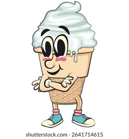 cute ice cream cone mascot cartoon vector character with waffle cone and vanilla topping folding his arms calmly, work of hand drawn