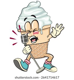 cute ice cream cone mascot cartoon vector character with waffle cone and vanilla topping singing with great emotion, work of hand drawn