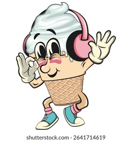 cute ice cream cone mascot cartoon vector character with waffle cone and vanilla topping listening to headset while dancing listening to headset while dancing, work of hand drawn