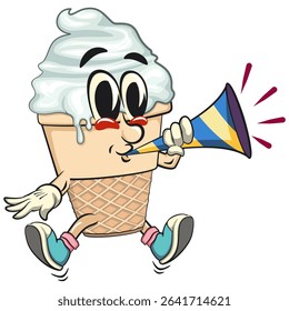 cute ice cream cone mascot cartoon vector character with waffle cone and vanilla topping blow the party horn trumpet, work of hand drawn