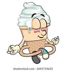 cute ice cream cone mascot cartoon vector character with waffle cone and vanilla topping meditating, fun citrus character vector for summer, work of hand drawn