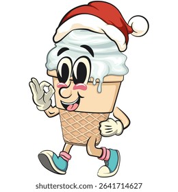 cute ice cream cone mascot cartoon vector character with waffle cone and vanilla topping wearing a Santa Claus hat while walking and giving a oke sign, work of hand drawn