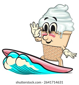 cute ice cream cone mascot cartoon vector character with waffle cone and vanilla topping surfing riding the waves, work of hand drawn