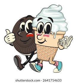 cute ice cream cone mascot cartoon vector character with waffle cone and vanilla topping giving the okay sign walking with the cute chocolate biscuit character giving a thumbs up, work of hand drawn