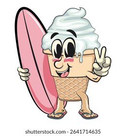 cute ice cream cone mascot cartoon vector character with waffle cone and vanilla topping with surfboard and gave a peace sign, work of hand drawn