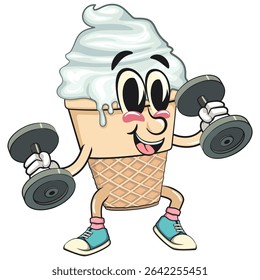 cute ice cream cone mascot cartoon vector lifting dumbbells, fun dessert character illustration isolated on transparent background, work of hand drawn